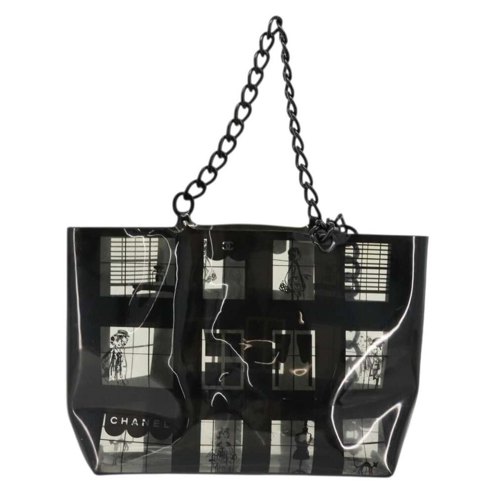 Chanel Vinyl Windows Line Chain Shoulder Tote Bag Black